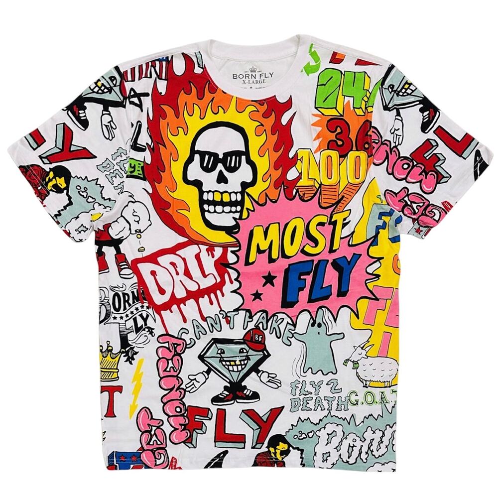 Born Fly Streetwear All Over Fly Graphic Tee, 90's, Y2K, Graffiti Skull, 2XL